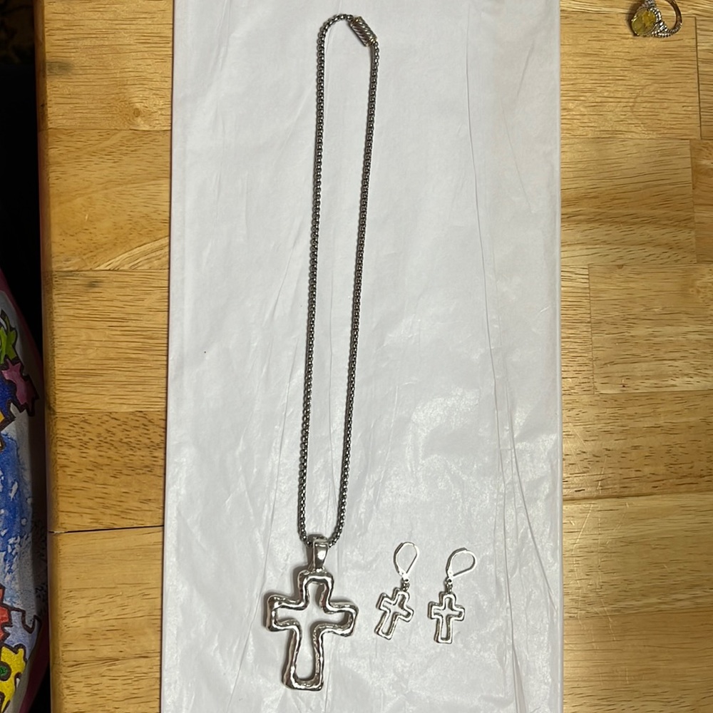 Silver Cross Necklace and Earring Set